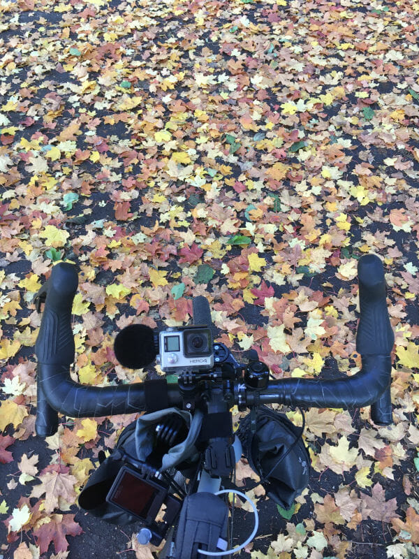 Herbstblätter und Gravelbike-Cockpit zwischen Gräfinau-Angstedt und Dörnfeld.
