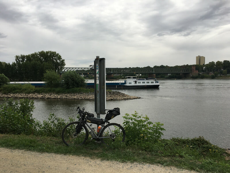 Mündung des Mains in den Rhein in Mainz-Kastel mit meinem Gravelbike.
